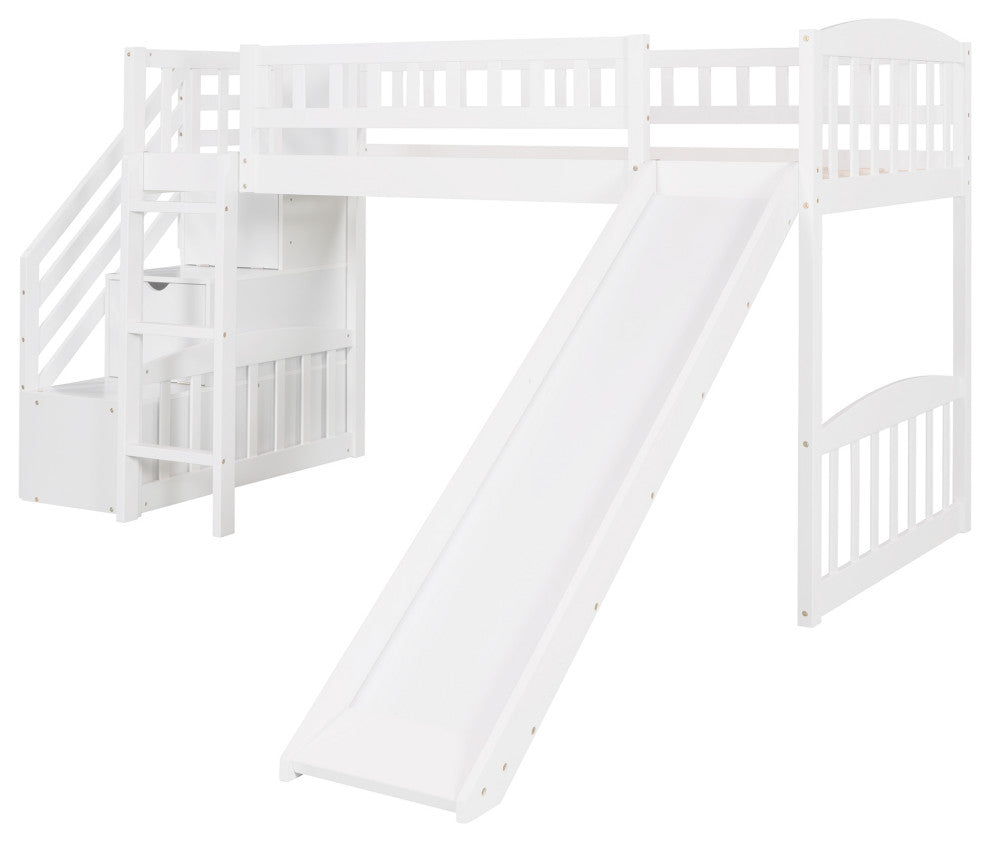 Gewnee Wood Twin Loft Bed with Storage Stairway and Slide in White
