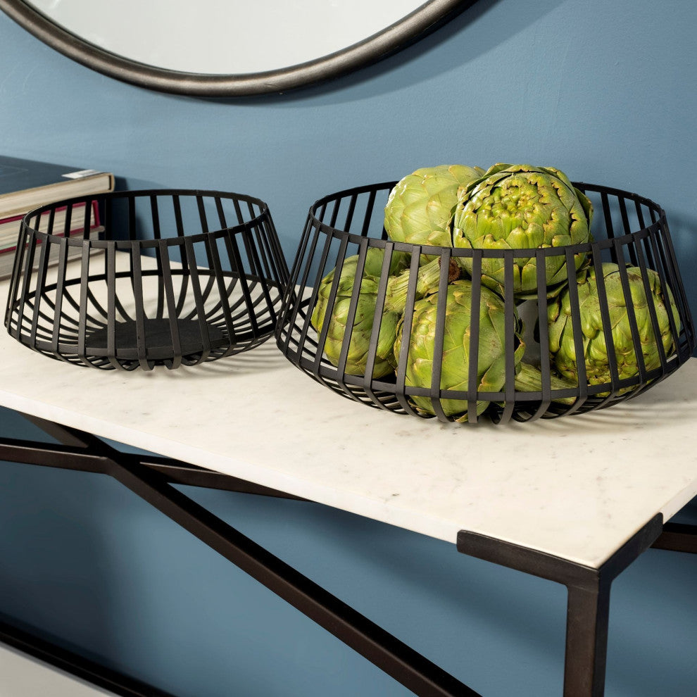 Set of Two Black Metal Wire Decorative Bowls