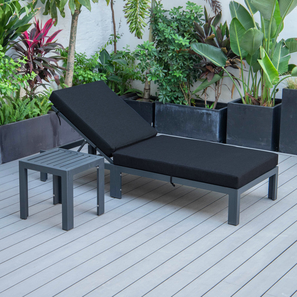LeisureMod Chelsea Chaise Lounge Chair With Cushions & Side Table, Black