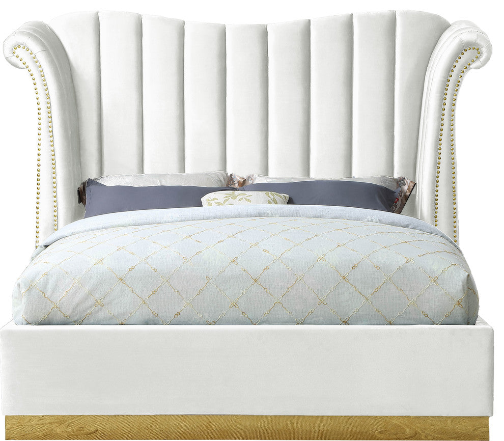 Flora Black Velvet Bed, White, Queen