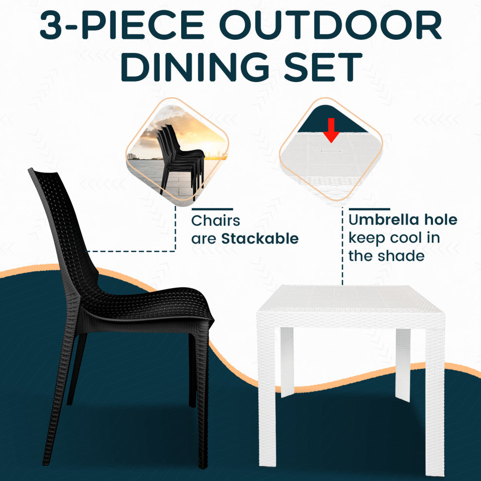 LeisureMod Kent Weave Design 3-Piece Outdoor Patio Dining Set, White/Black