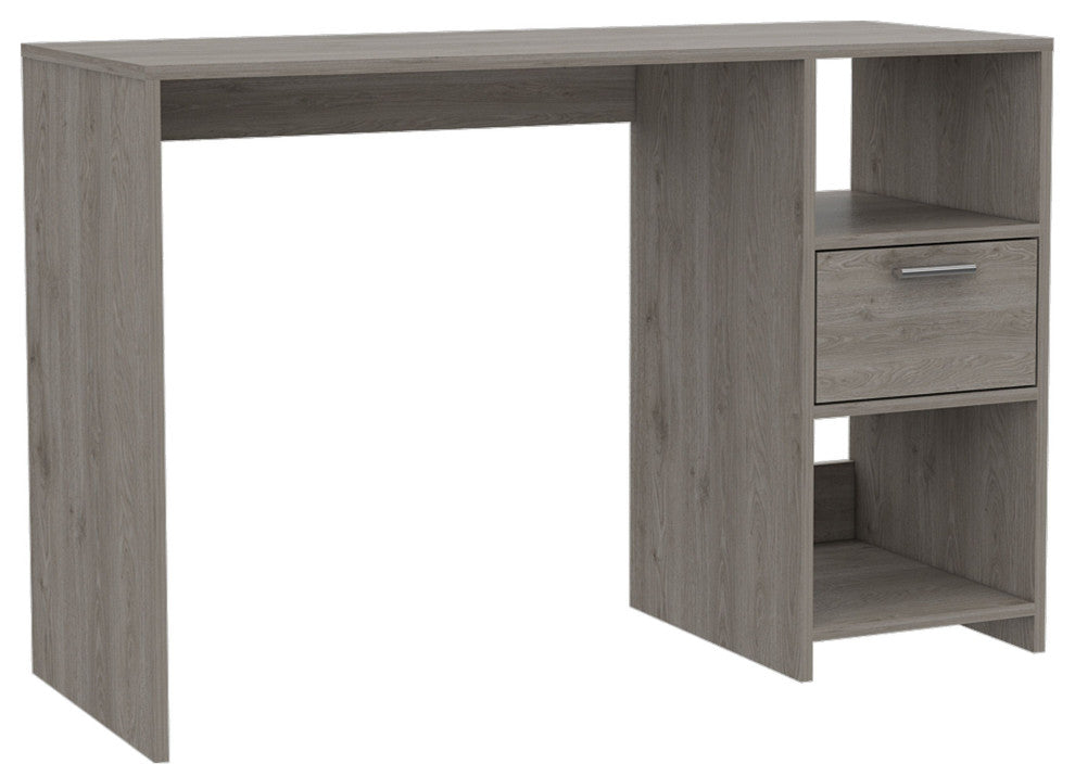 Naxos Computer Desk with Drawer, 2 Open Storage Shelves, and Legs, Light Gray