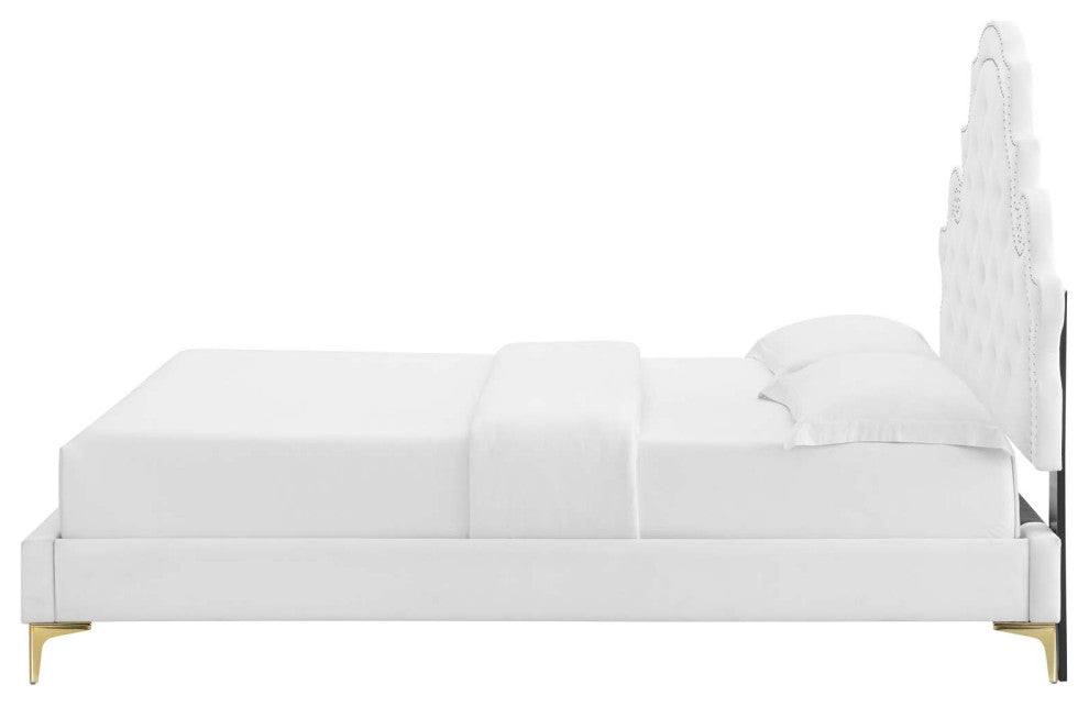 Tufted Platform Bed Frame, King Size, Velvet, White, Modern Contemporary