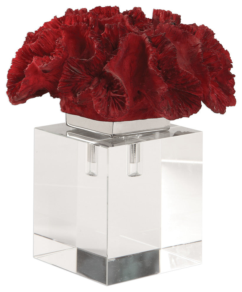Luxe Modern Red Coral Crystal Cube Sculpture, Coastal Sea Shell Finial Statue