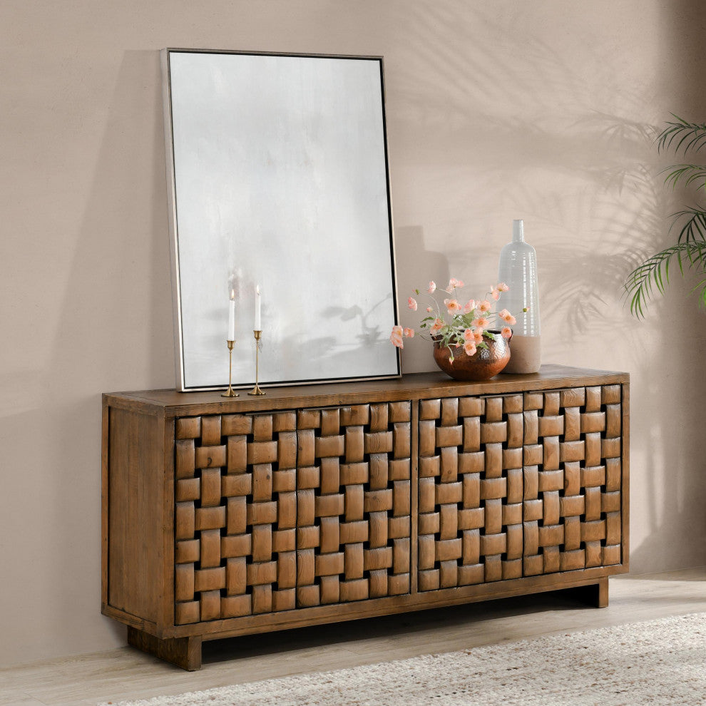 Bast 4-Door Reclaimed Pine Wood Buffet Sideboard, Brown