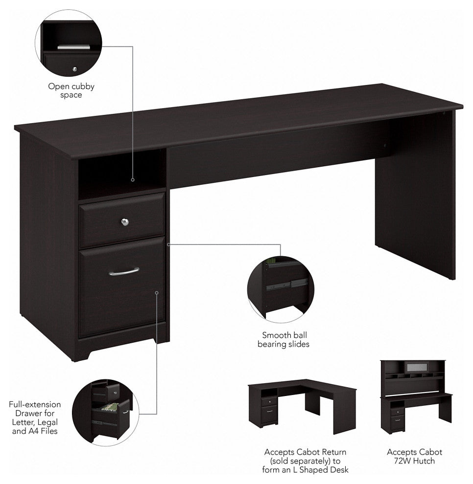 Cabot Computer Desk With Hutch and Drawers, Espresso Oak