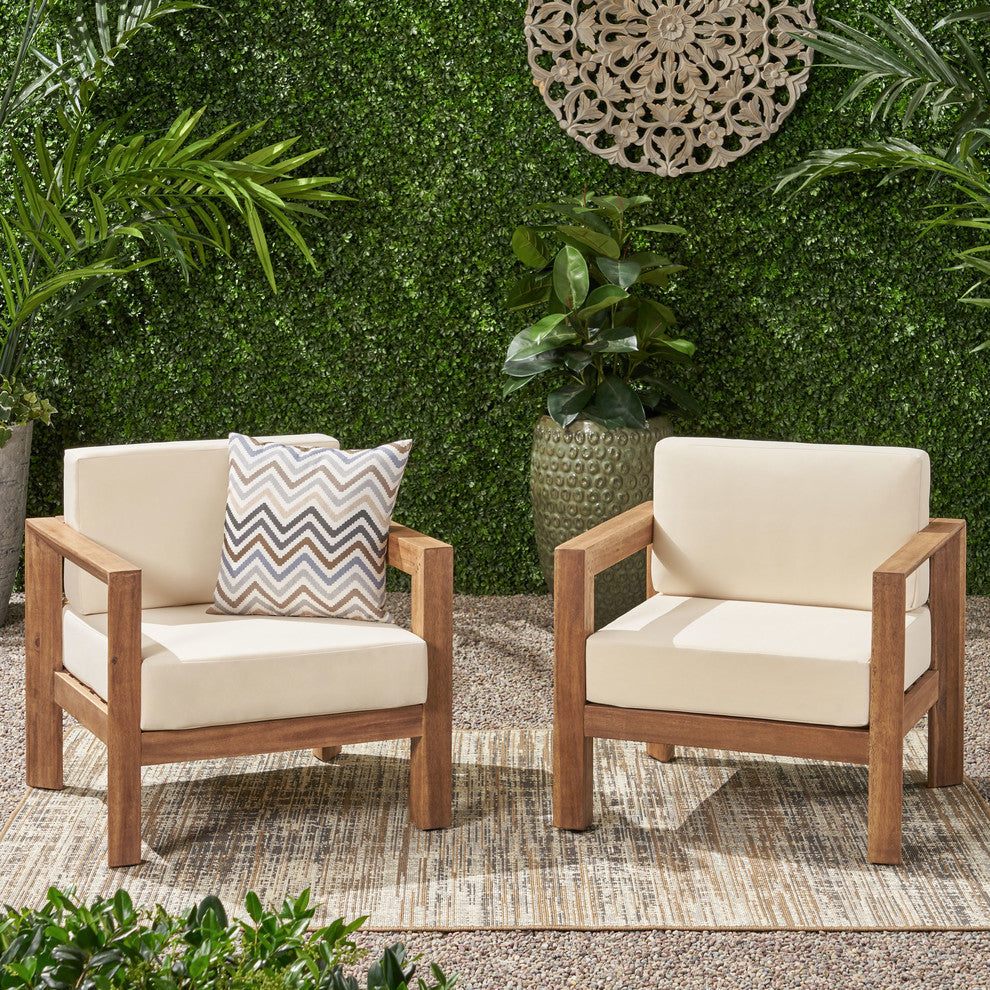 Lucia Outdoor Wooden Club Chairs With Cushions, Set of 2