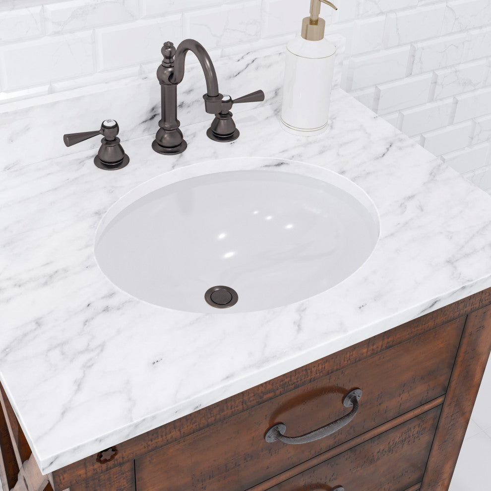 Aberdeen Vanity With Hook Faucet, Rustic Sierra, 30", Carrara Marble Top