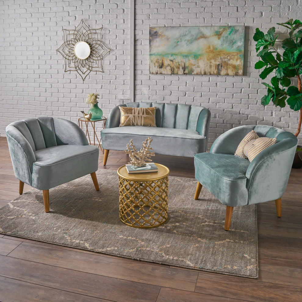 GDF Studio 3-Piece Scarlett Modern New Velvet Loveseat Club Chair Set, Seafoam B