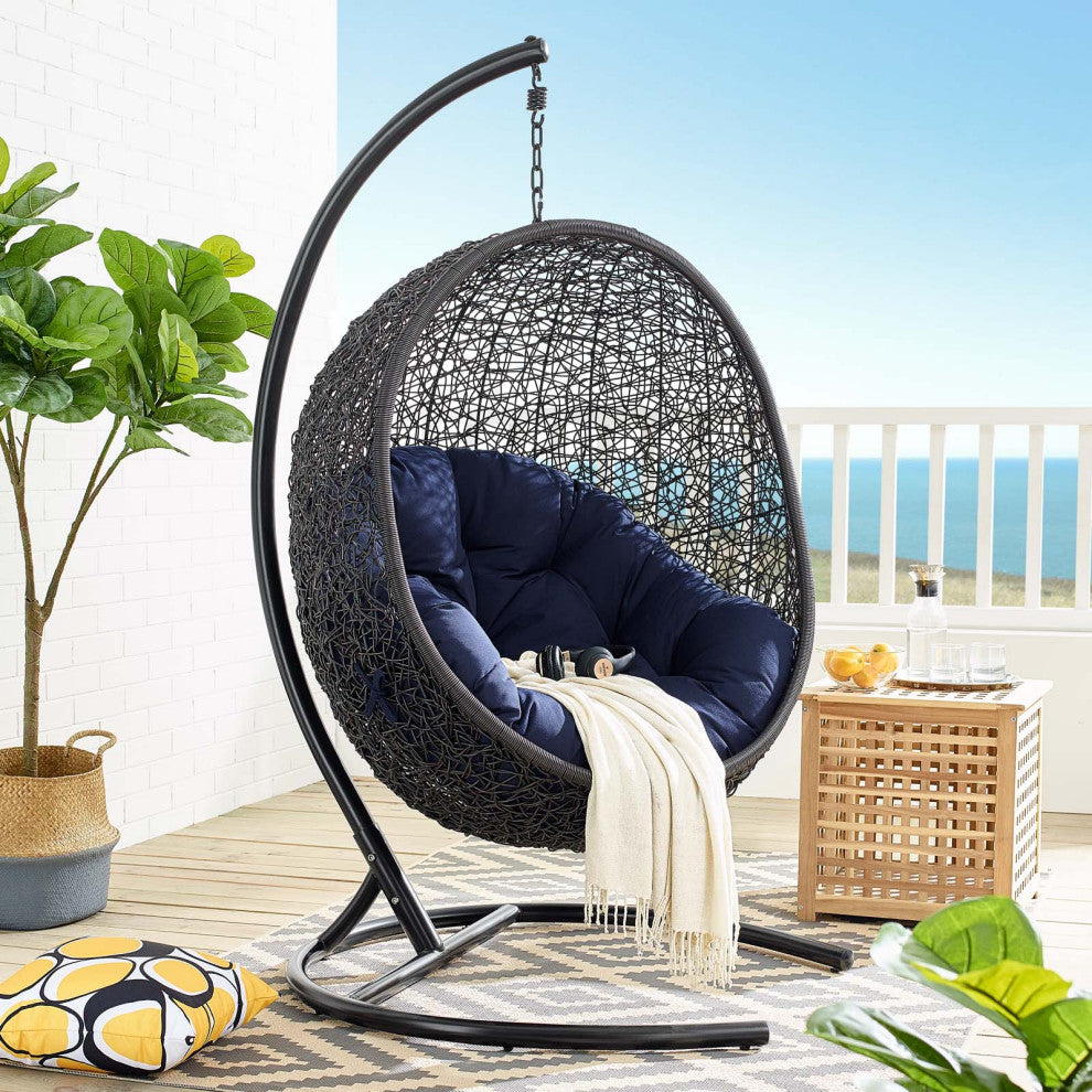 Swing Lounge Chair, Sunbrella, Black Navy Blue, Modern, Outdoor Patio Bistro