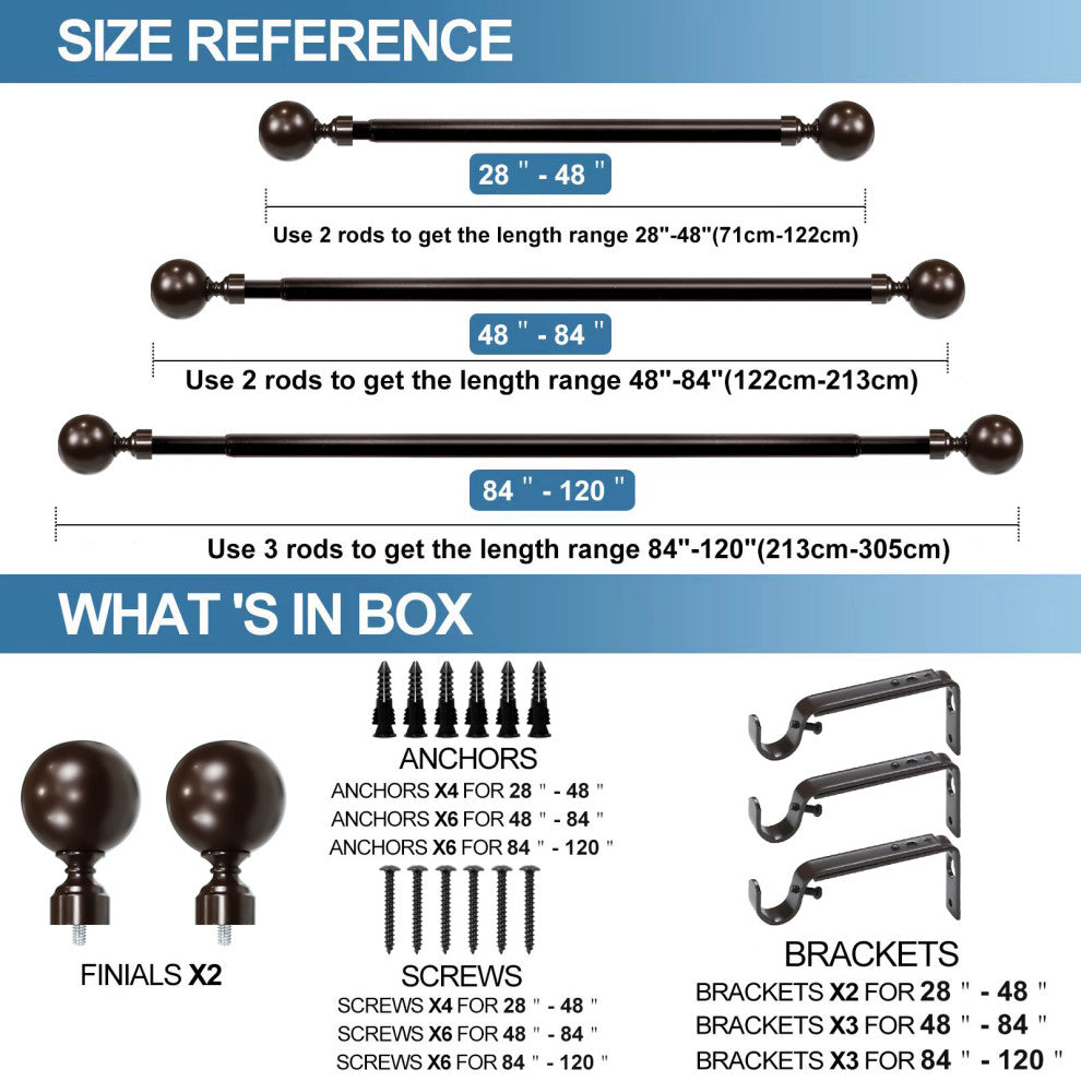 1" Steel Ball Drapery Curtain Rod, Bronze, 84"-120"