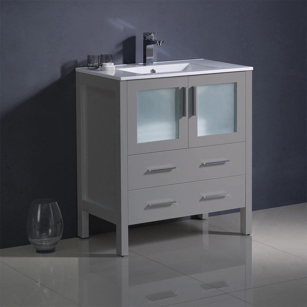 Torino Modern Bathroom Cabinet With Integrated Sink, Gray, 30"