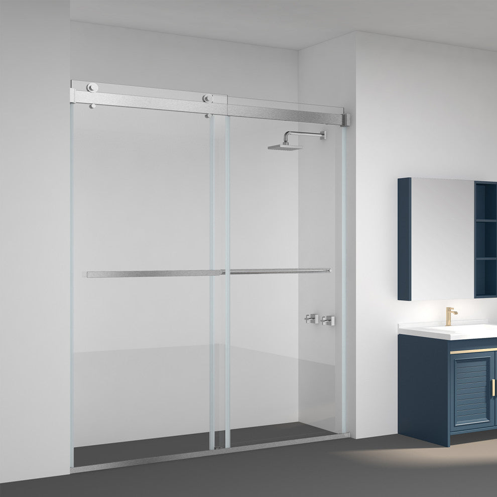 Spezia Double Sliding Frameless Shower Door, Brushed Nickel, 68" W X 76" H