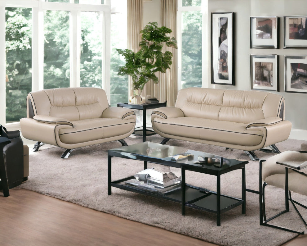 2-Piece Indoor Beige Genuine Leather Five Person Seating Set