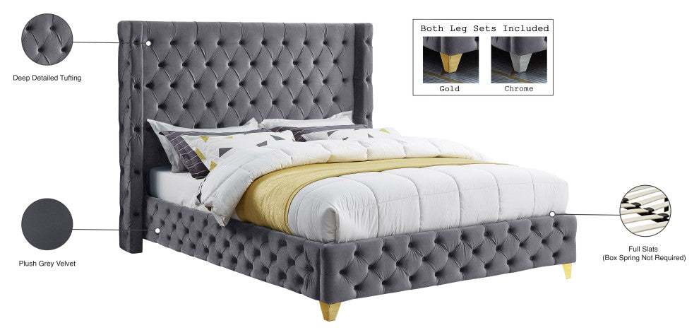 Savan Velvet Upholstered Bed, Gray, Queen