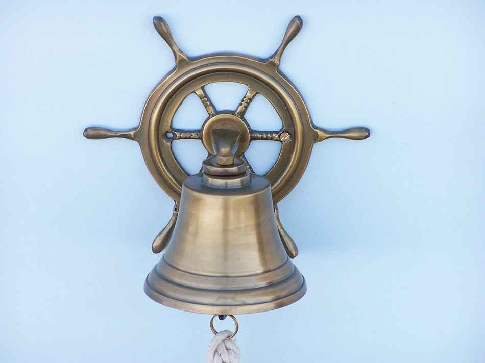 Antique Brass Hanging Ship Wheel Bell 7'', Brass Bell, Nautical Decor
