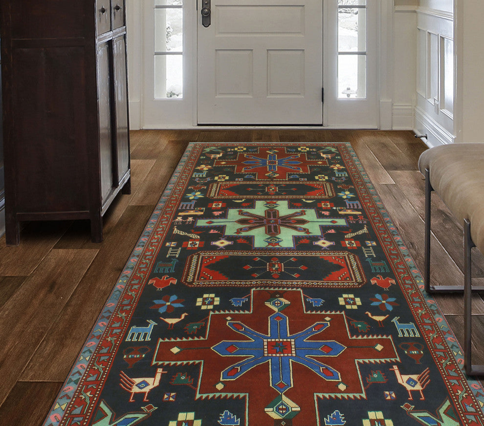 Fine Vintage Distressed Hadassah Navy/Red Runner, 4'10x9'10