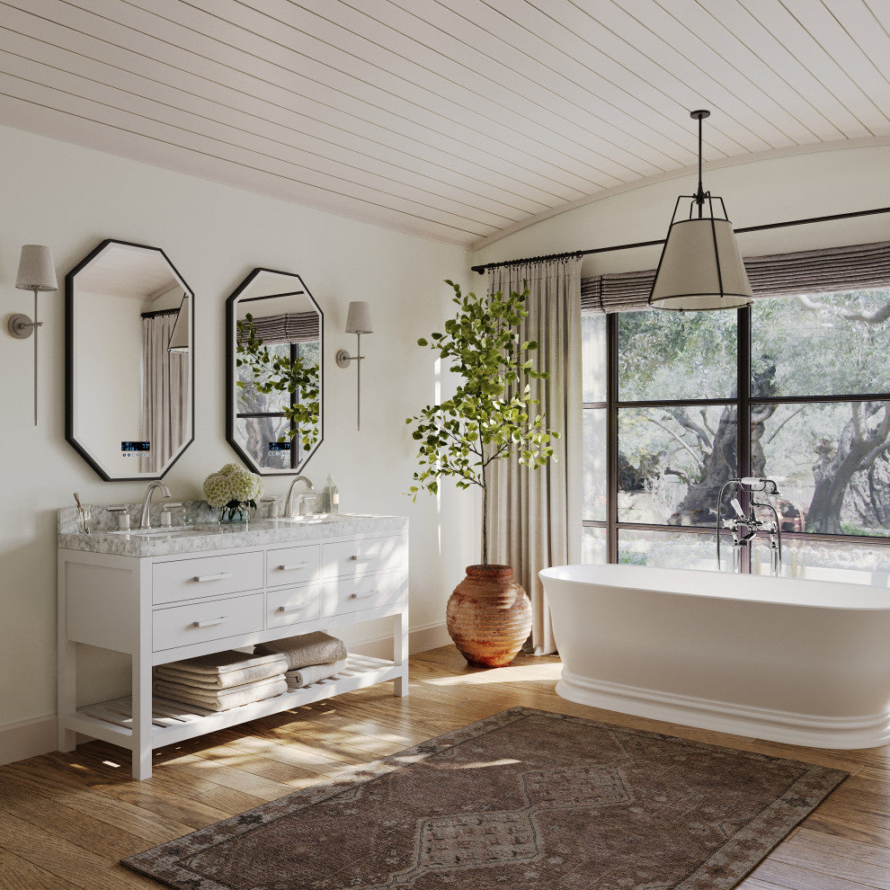 Arcadia Bath Vanity, White, 60", Brushed Nickel Hardware, Double, Freestanding