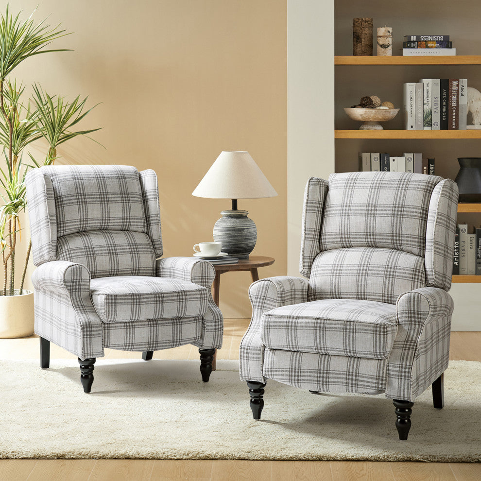 Modern Push-Back Plaid Recliner with Rolled Armrest, Plaid Gray
