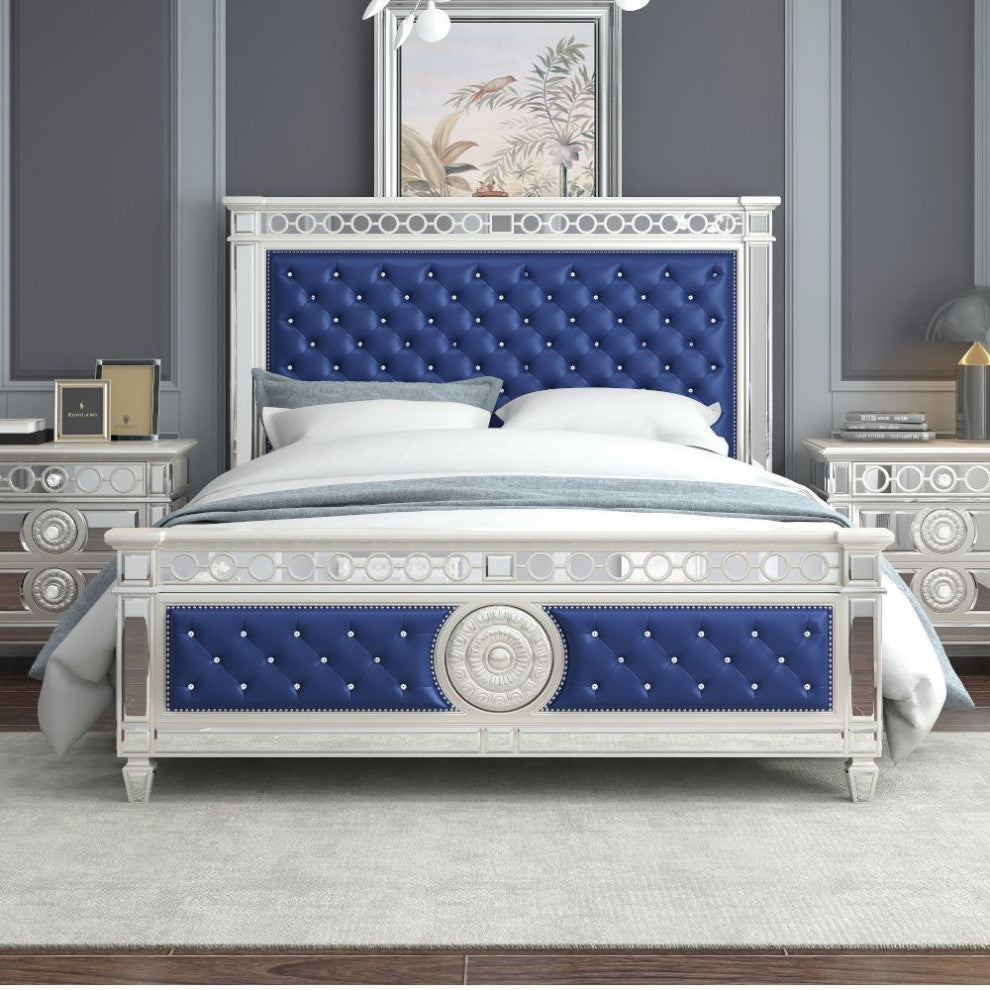 ACME Varian Queen Bed, Blue Velvet and Mirrored