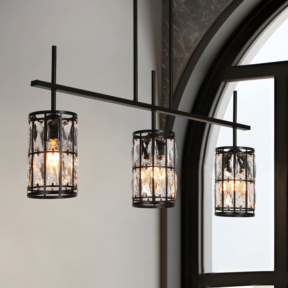 LNC Chispa Black Modern Linear Crystal Large Kitchen Island Light, 3 Lights