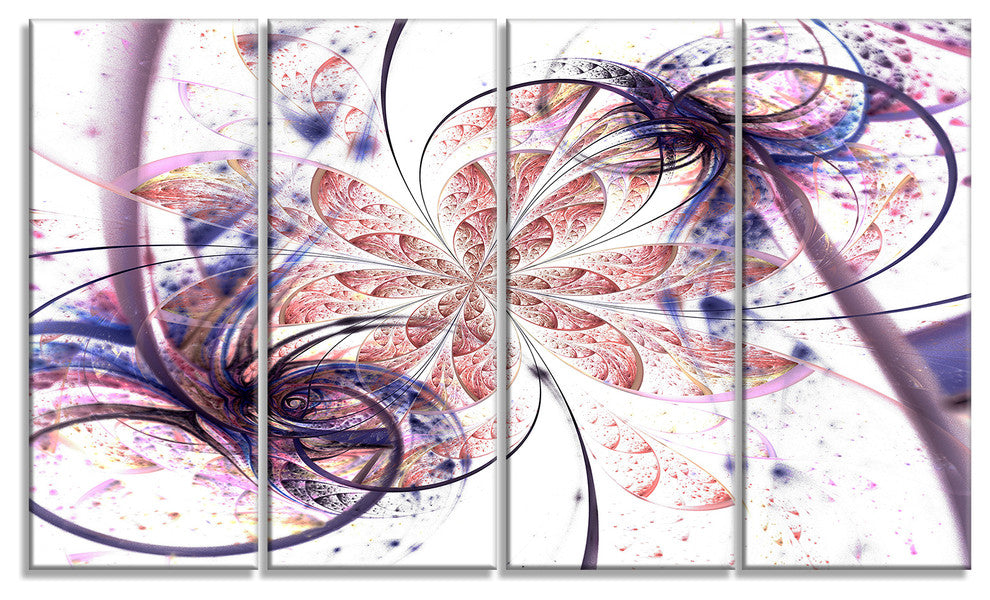 Blue Pink Fractal Flower Pattern, Abstract Wall Art Canvas, 48"x28", 4 Panels