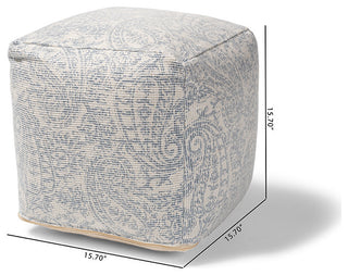 Geneva Ivory and Blue Handwoven Paisley Pouf Ottoman