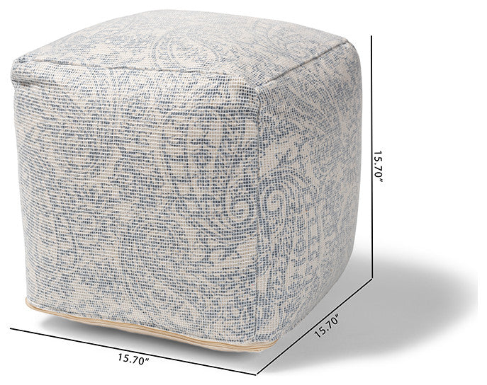 Geneva Ivory and Blue Handwoven Paisley Pouf Ottoman