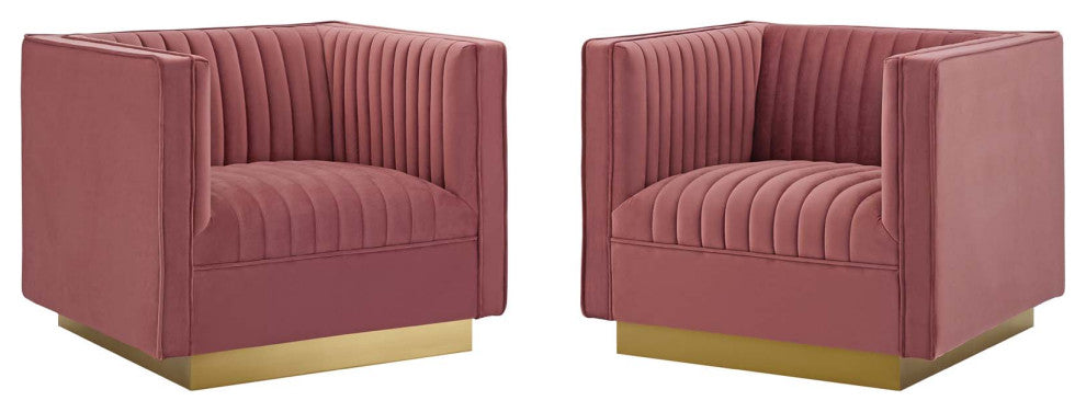 Tufted Armchair Accent Chair, Set of 2, Velvet, Pink, Modern, Lounge Hospitality