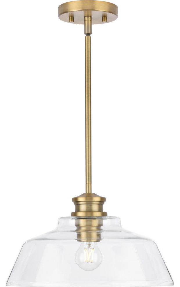 Singleton 1-Light 14" Vintage Brass Pendant Light, Clear Glass Shade