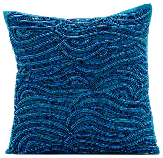 Blue Beaded Ombre Sea Waves 14"x14" Silk Pillows Cover, Sea Windsor