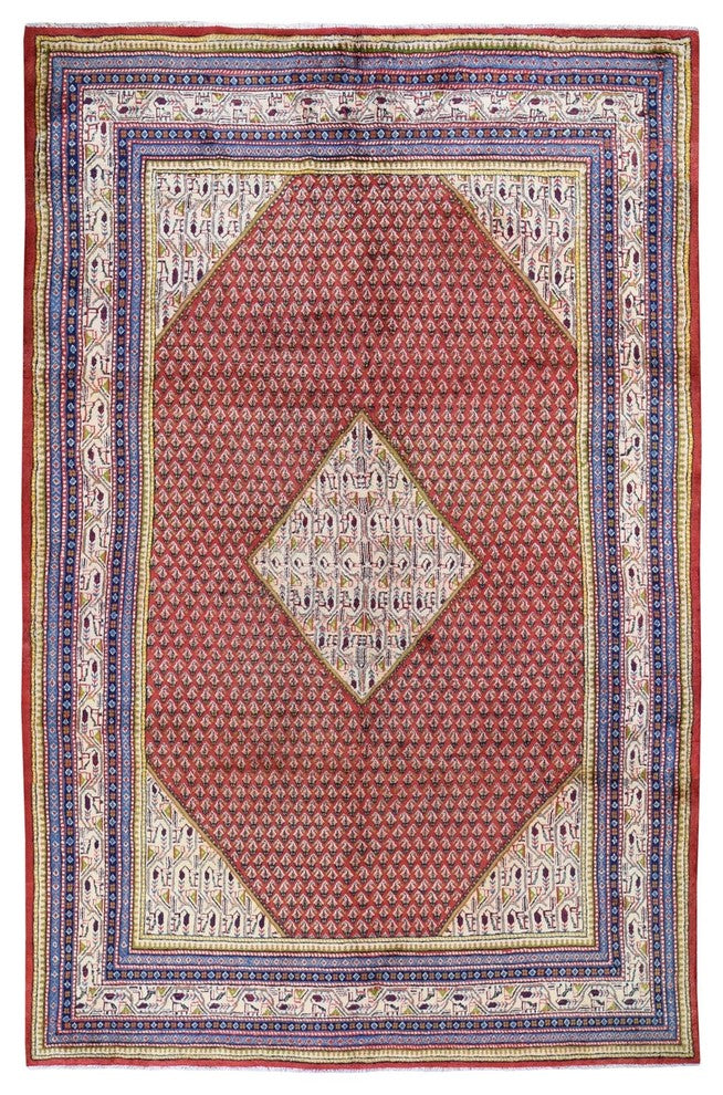 Red New Persian Sarouk Mir Full Pile Pure Wool Small Design Rug , 6'7" x 10'2"