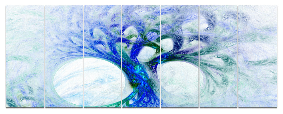 Blue Mystic Psychedelic Tree, Abstract Wall Art Canvas, 83"x32", 7 Panels