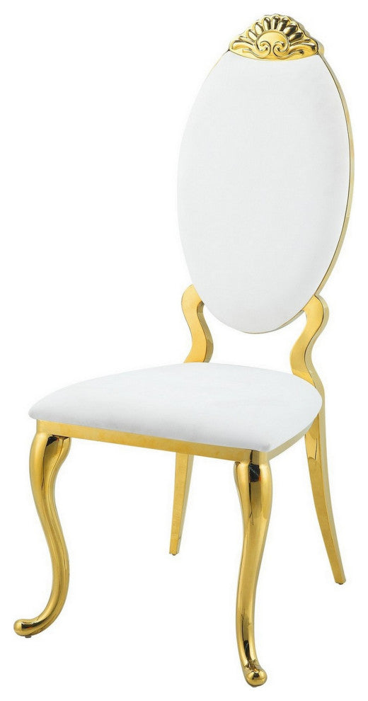 Benzara BM280526 Vegan Leather Dining Chair, Padded Back, Set of 2, White/Gold