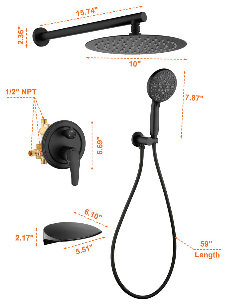 Waterfall Tub Spout Shower System, Handheld Shower Head, Matte Black