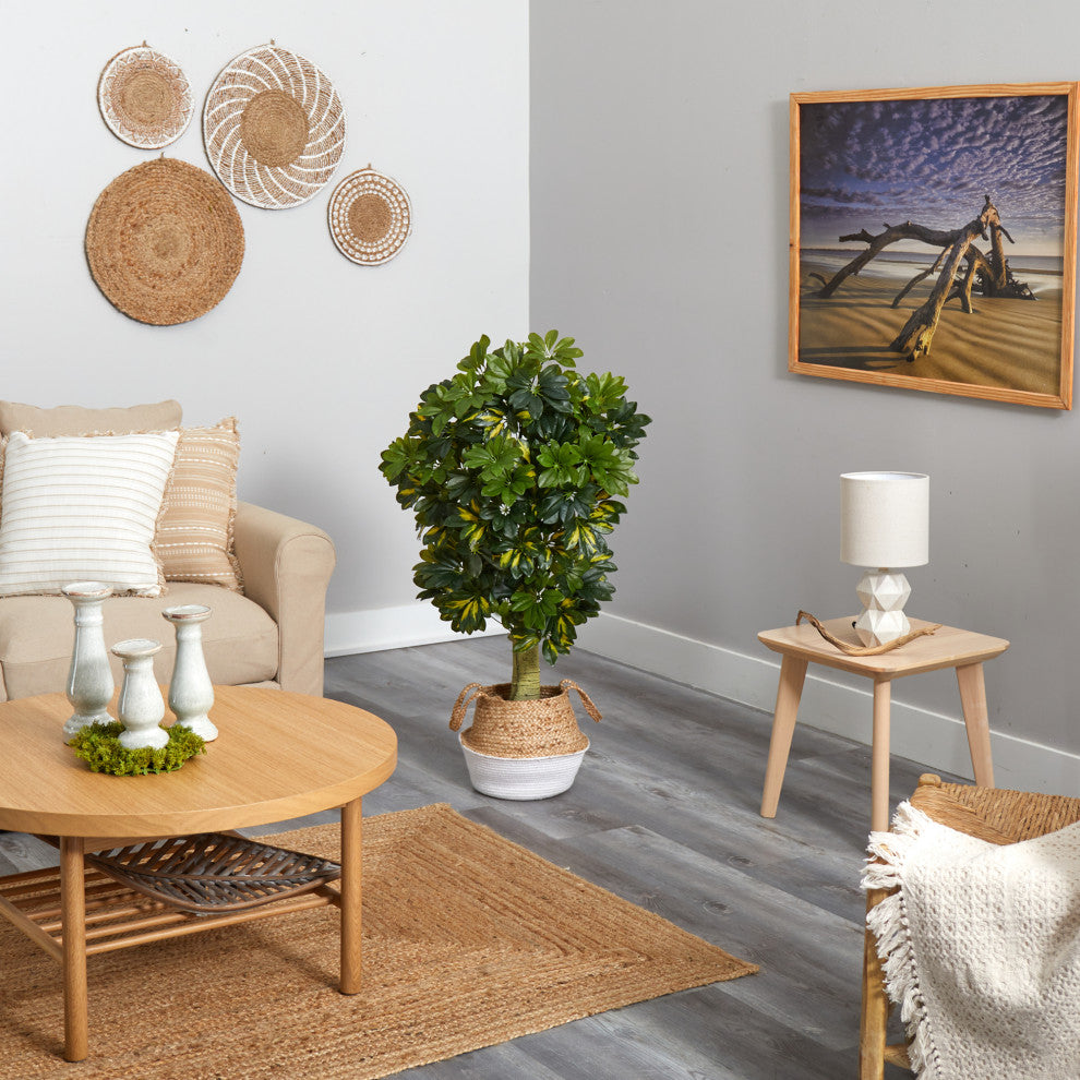 4' Schefflera Faux Tree, Boho Chic Handmade Cotton & Jute White Woven Planter