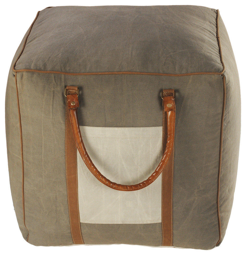 Modern Farmhouse Pouf with Leather Handles