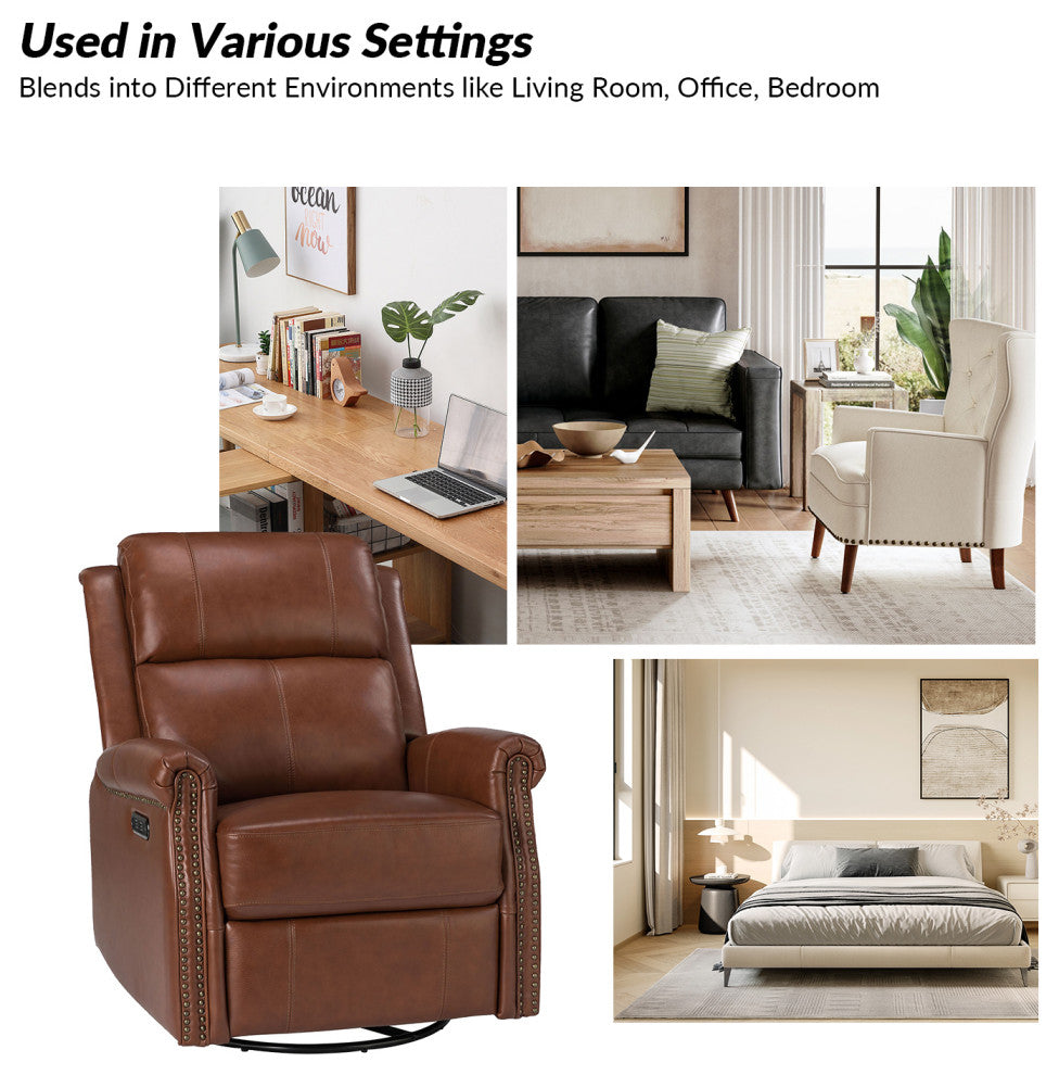 Kaietan Genuine Leather Power Rocking Recliner, Brown