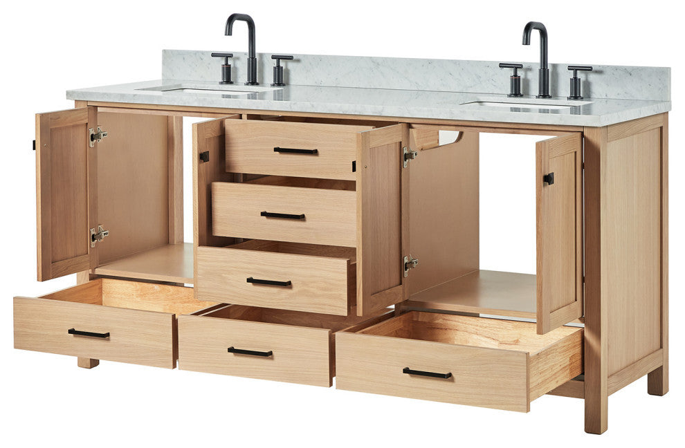 Cambridge 73" Double Bath Vanity With Italian Carrara Marble Top, Oak