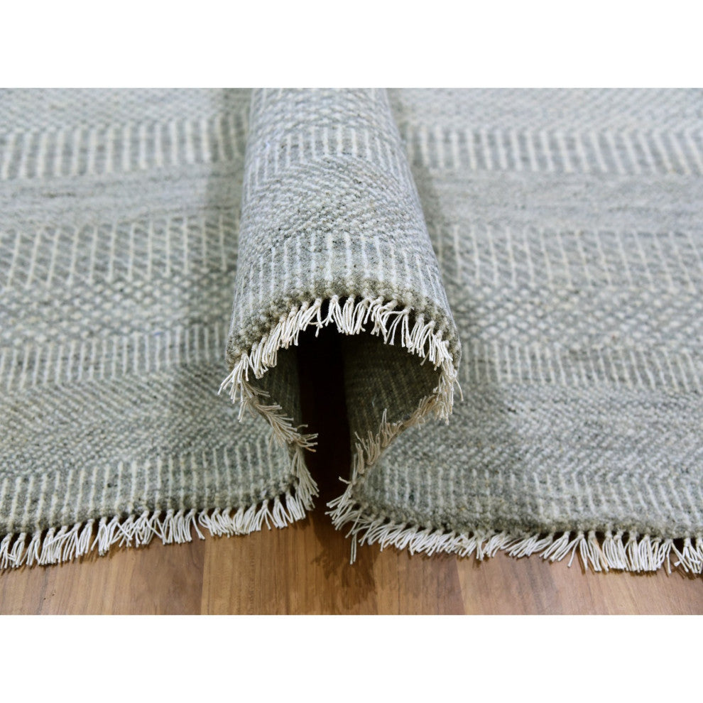Olive Gray Grass Design Natural Undyed Wool Hand Knotted Square Rug 12'x12'4"