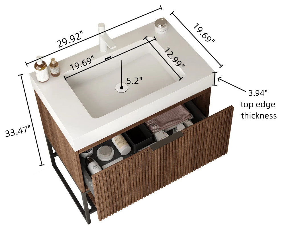 Plywood Freestanding Bathroom Vanity Set with Integrated Acrylic Sink, Walnut, 30in