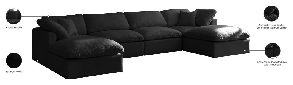Plush Velvet / Down Standard Comfort 6-Piece U-Shaped Modular Sectional, Black