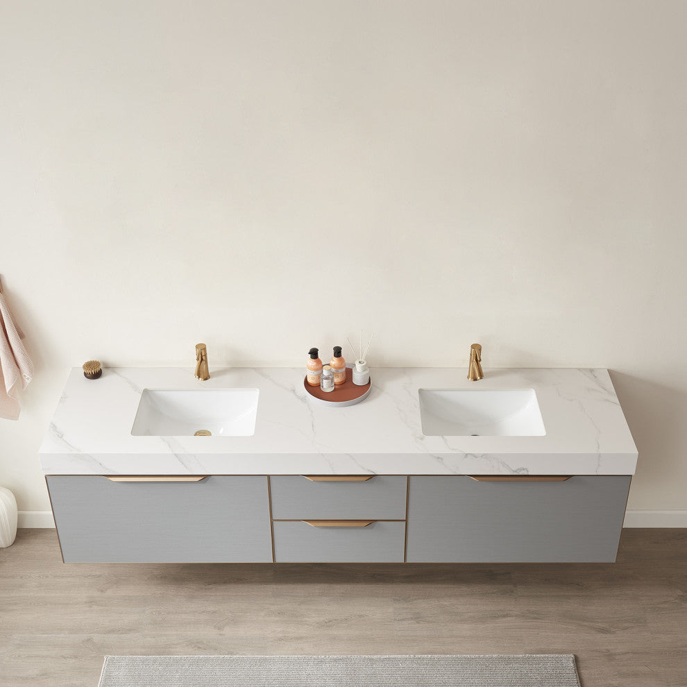 Alicante Vanity With Stone Countertop, Elegant Grey, 84", No Mirror