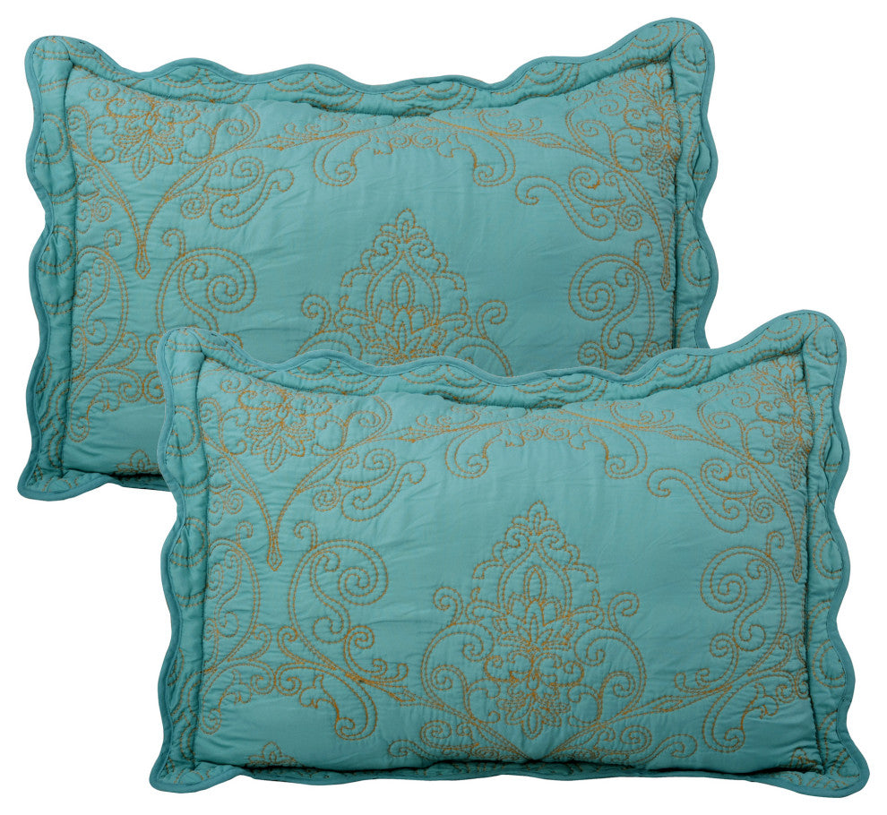 Damask Coverlet 4 Piece Bed Spread Set, Teal, Queen