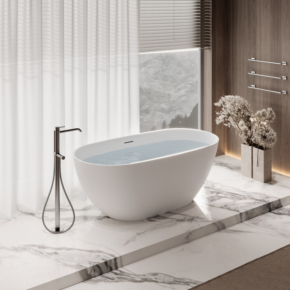 59" Streamline NS5860CH Matte White Stone Resin Bathtub, Tray With Chrome Drain