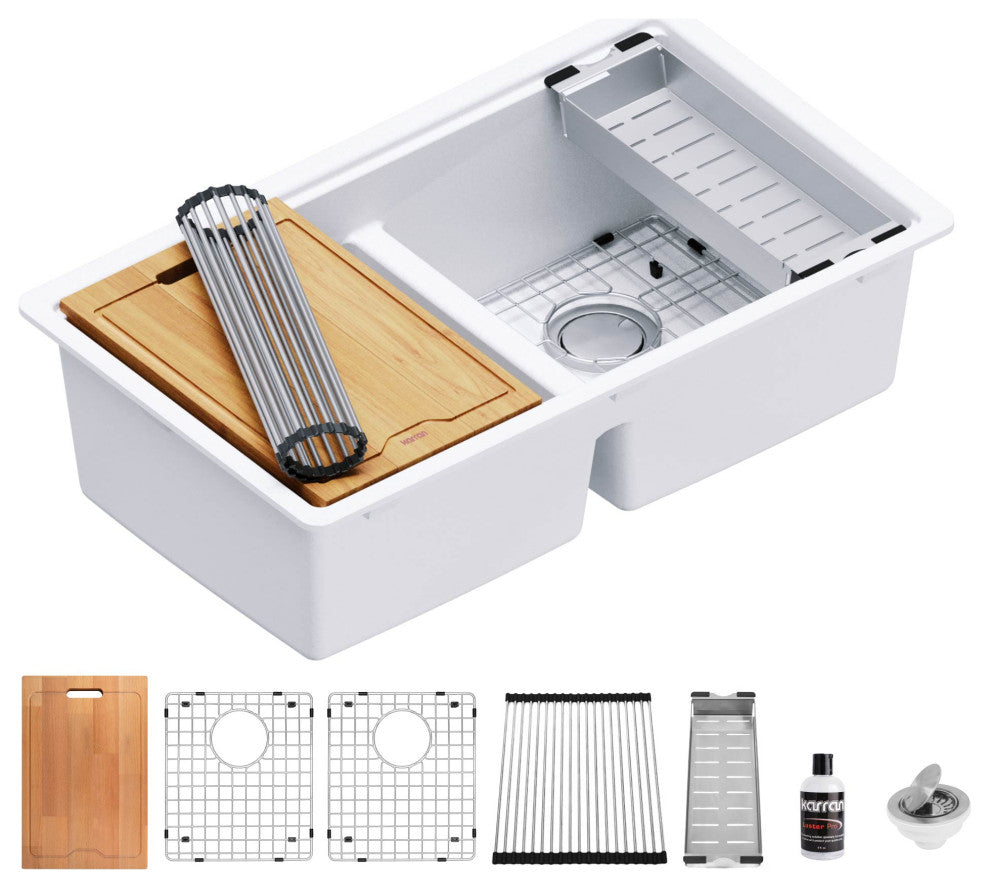 Karran Undermount 32.5 in. Double 50/50 Bowl Workstation Kitchen Sink, White