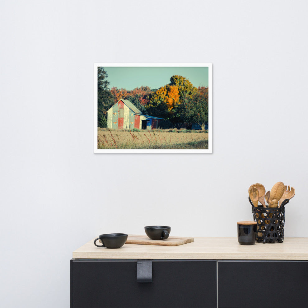 Patriotic Weathered Barn in Field Cross Processed Framed Photo Wall Art Prints, White, 18" X 24"