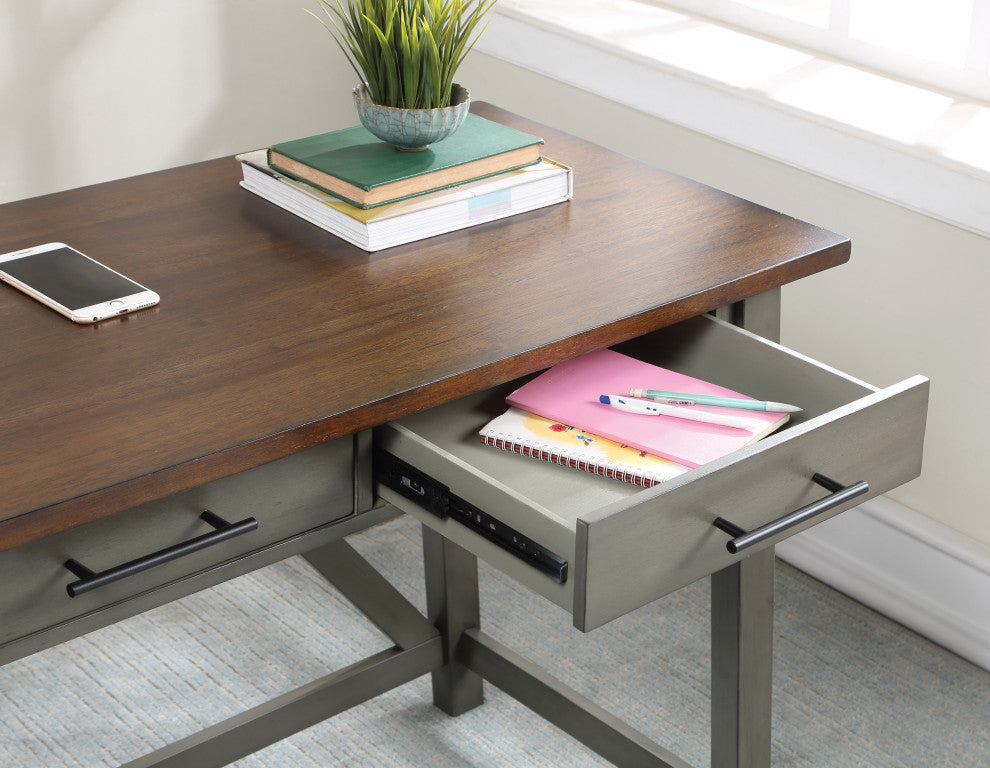 Milford Rustic Writing Desk With Drawers, Slate Gray Finish