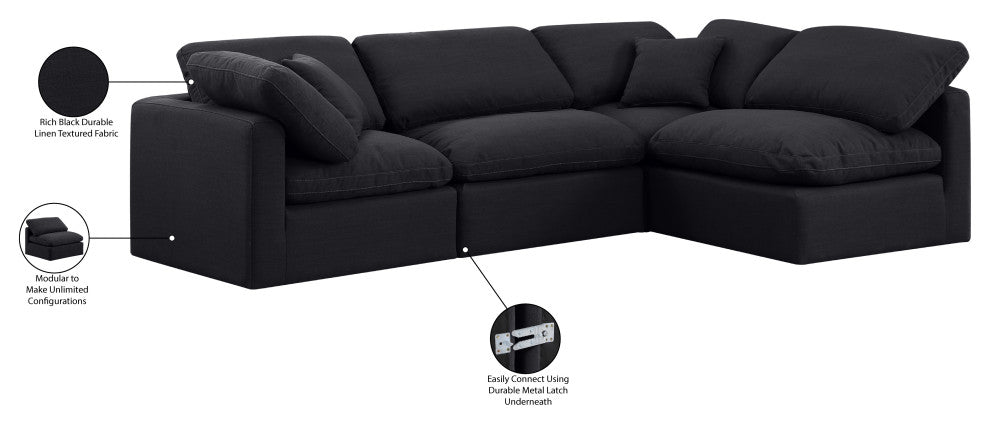 Indulge Upholstered Modular L-Shaped Sectional, Black, 4-Piece: 2 Armless Chair, 2 Corner Chair, Down Stuffed Linen Textured Fabric