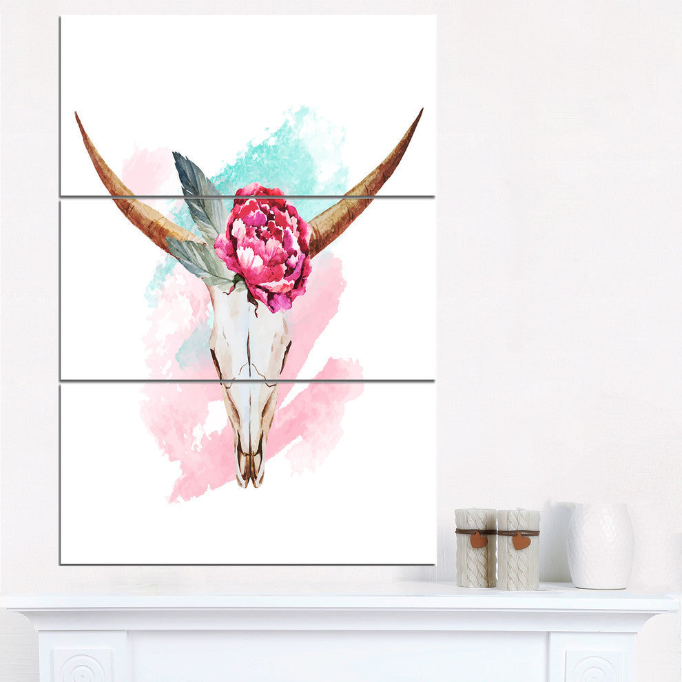 "Bull Skull and Flower" Digital Glossy Metal Wall Art, 3 Panels, 28"x36"